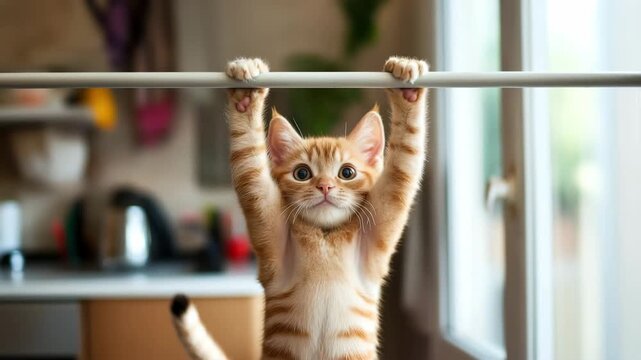 Cute ginger kitten hanging with front paws on horizontal bar. Concept of home fitness, strength and funny domestic animal