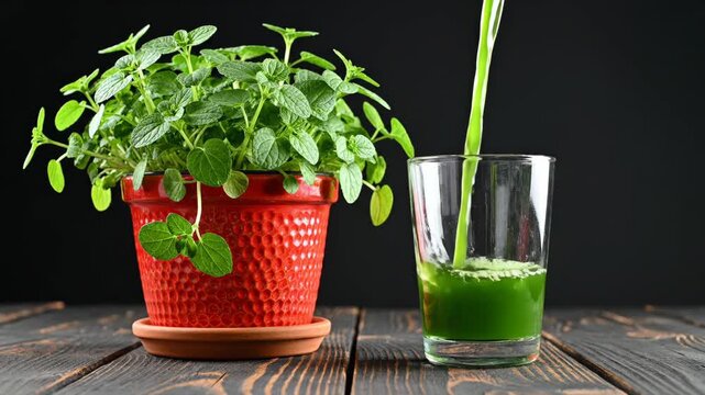 Fresh Green Herbal Juice Pouring into Glass with Potted Mint Plant on Wooden Table, Healthy Detox Drink and Organic Wellness Concept