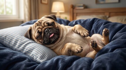 Adorable pug dog peacefully napping in a cozy bedroom with its tongue out