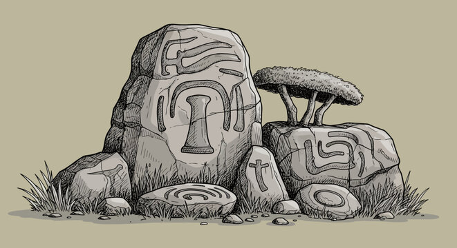 Funny hand drawn vector illustration of a cartoon zombie monster and Halloween ghost with an ancient stone statue head design inspired by old Thailand culture