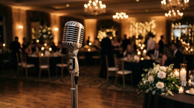 Elegant vintage microphone stands ready for a night of performance and celebration