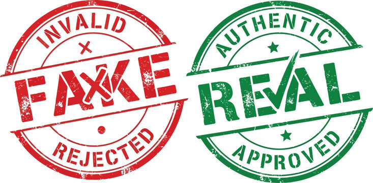 Vector graphic illustration comparing grunge red fake rejected stamp next to a green authentic real approved seal design