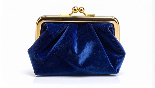 Blue velvet clutch with gold clasp, white background