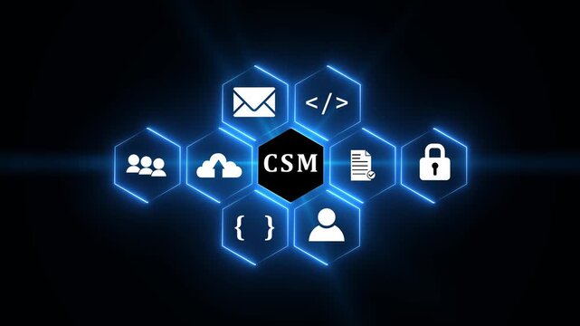 Neon Icons Representing CSM Business Concepts on Dark Background customer success management.4k video