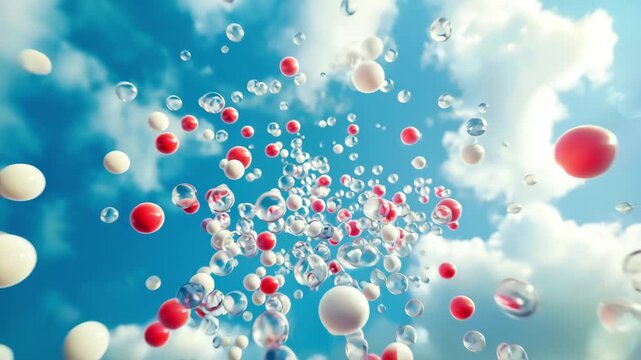 Red and white spheres with transparent bubbles floating in cloudy blue sky. Concept of molecular structure and scientific discovery