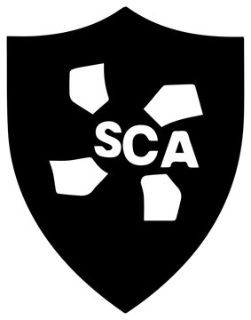 Solid black filled shield icon with white sca software composition symbol on plain background