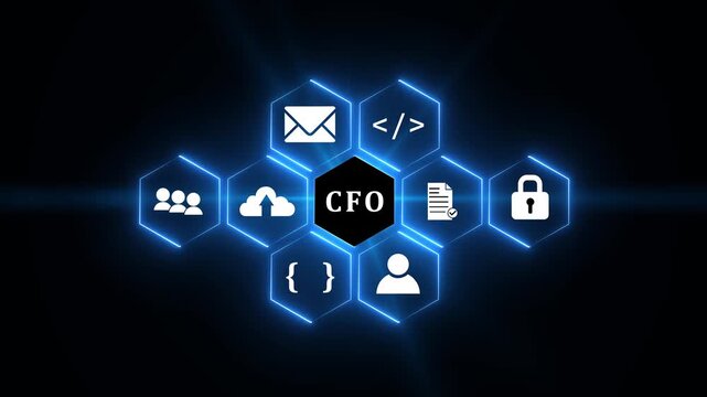 CFO acronym in a glowing neon frame surrounded by business and technology icons on a dark background.4k