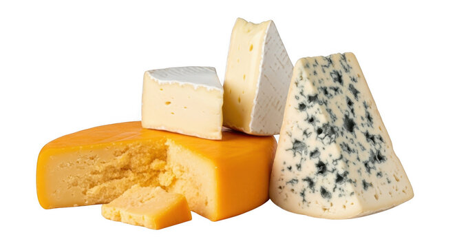 Assorted Cheese Selection with Yellow and Blue Mold Varieties on Transparent Background

