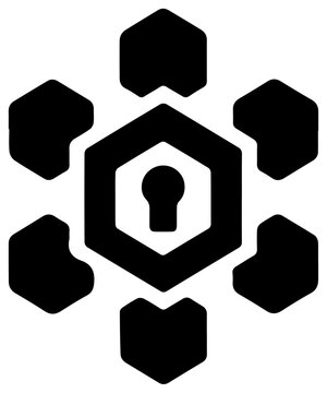 Secure multi party computing icon with black hexagons and keyhole on white background for cybersecurity and data protection concepts