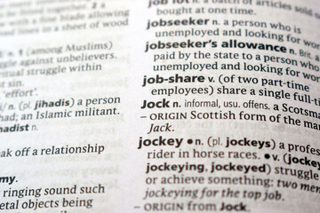Fototapeta premium English Dictionary Page Close Up With The Word Transcription Of -jock