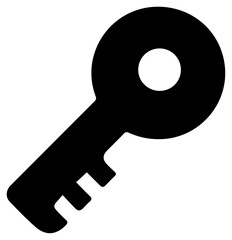 Simple solid black silhouette of a classic key icon with a circular head and a notched bit representing access security and unlocking secrets isolated on a clean white background