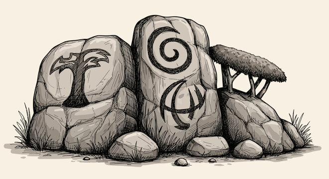 Black and white illustration of an ancient wooden totem mask statue head carving