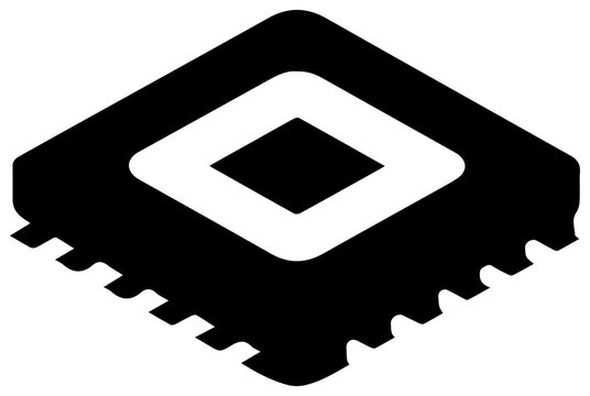 Solid black filled icon representing a trusted platform module tpm chip a security component for computer hardware depicted in a clean modern isometric perspective against a white