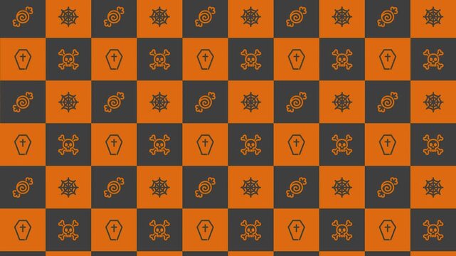 Spooky Halloween Pattern Seamless Repeat Orange Gray Icons Candy Spiderweb Skull Coffin Festive