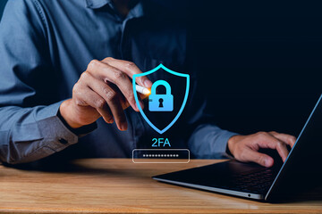 Business with two-factor authentication interface and digital shield lock, representing cybersecurity protection, secure login verification, identity authentication, and online account security