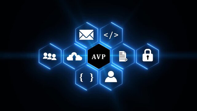 AVP concept with glowing neon icons representing business and technology on a dark background value.4k video