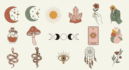 A vintage set of pink floral elements and nature silhouettes features vector flower icons, tree patterns, and cartoon art for beauty gift designs and holiday jewelry decoration © Rizky