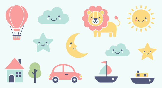 Funny cartoon animal and bird seamless vector illustration set for kids cloud sky pattern design