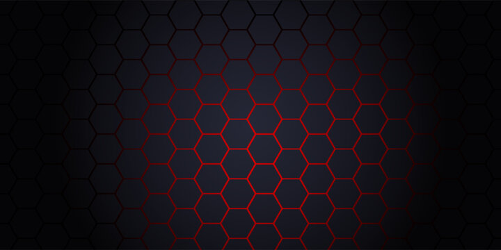 Dark gray and red horizontal hexagonal technology abstract vector background. red bright energy flashes under hexagon in futuristic modern technology wide banner. Dark gray honeycomb texture grid.