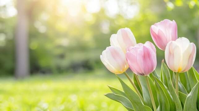 A spring garden with blooming tulips, pastel hues, copy space above,