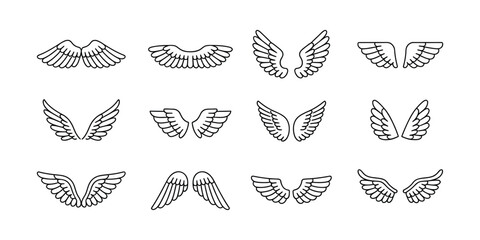 Angel wings icon set flying bird wing feather line, elegant feathered wing symbols in outline style, spiritual and fantasy design elements, clean vector illustration collection for logos and tattoo © wow