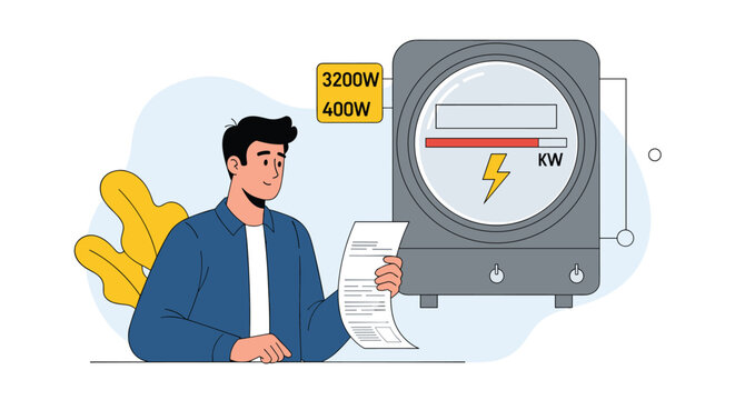 Man checking electric meter and electricity bill