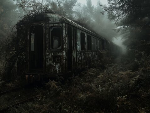 An old, rusty train car sits abandoned in a dense, foggy forest with vines growing on its side. The dark atmosphere suggests it has been forgotten for many years in the woods.