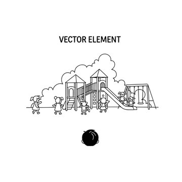 Playground Outline with Children and Equipment vector illustration