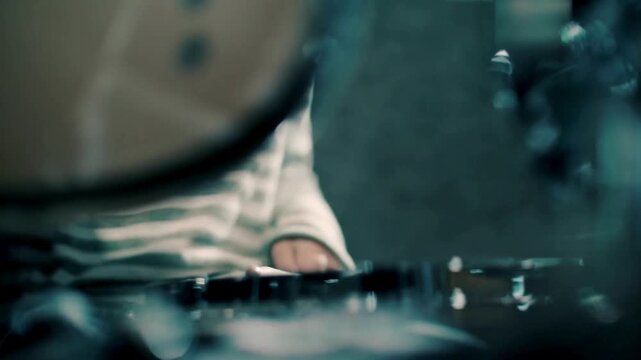 playing drums at the stage on live concert Anonymous Drummer Drumming on Stage Close Up a drum kit in a music studio Back view of drummer performer