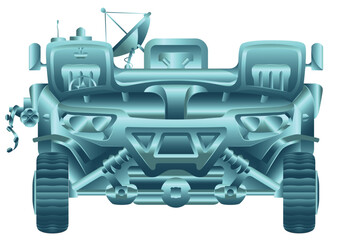 Obraz premium Conceptual military armored vehicle, metallic steel gradient. SUV front view. Blue silver engineering battle war car in frontal perspective. Vecor illustration