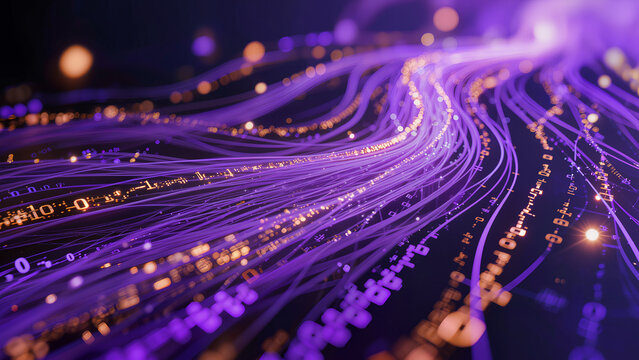 AI digital report planning technology future glowing purple and orange light fibers twisting through dark space representing neural network connections and complex data flow architecture design.