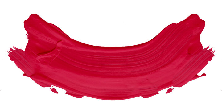 Red acrylic paint stroke in curved semicircle shape with thick brush textures on transparent background. Bold vibrant artistic swipe ideal for logos creative labels and graphic design elements
