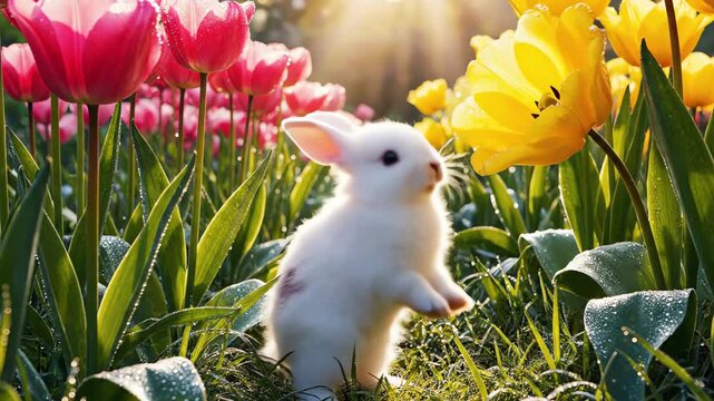 Fluffy White Bunny Hopping Through Glowing Pink and Yellow Tulips - Ai Genereted.