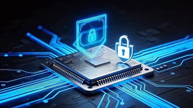 Cybersecurity chip with glowing blue circuitry and shielded padlock icon&mdash;digital protection, data encryption, and secure computing concept for tech and IT security.