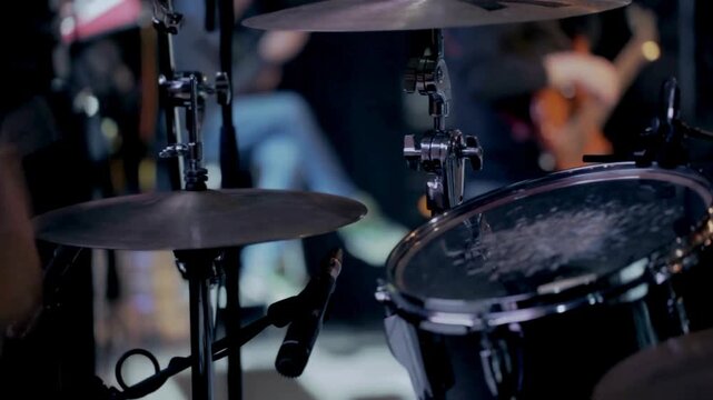 playing drums on rehearsal in music studio cymbals Drum set Musician drummer hitting on drum cymbal Drum player hits the cymbals of the drum set 4K HD