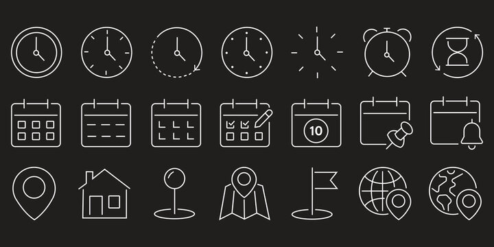 Time, date and address line icons set. calendar, clock, gps point, flag point, globe point Containing hourglass, pin, stopwatch. Editable stroke for mobile and web. Isolated on white background