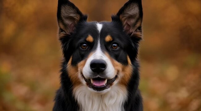 A striking tricolor adult dog, likely a border collie or australian shepherd mix, with bright intelligent eyes and upright ears, displaying its distinctive black, tan, and white coat markings, attenti