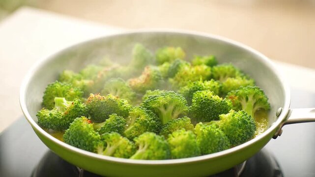 Steaming broccoli in a green frying pan on a stovetop healthy cooking