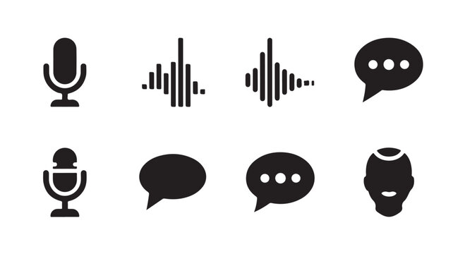 A collection of chat and voice icons featuring microphones and speech bubbles on a white background.