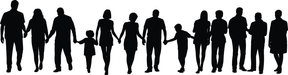 Family members silhouettes holding hands together, parents and children standing in row, unity love support concept, diverse people group isolated on light background