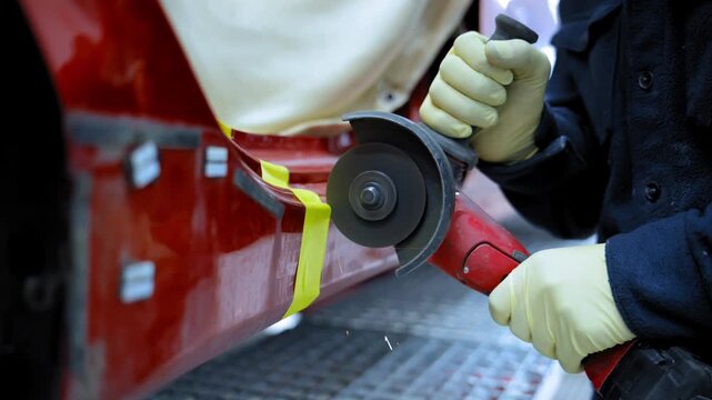 Auto body mechanic cutting car surface during vehicle body repair in a professional automotive workshop. Slow motion