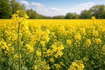 Obraz premium Bright yellow rapeseed flowers blooming in sunny spring field with green trees and blue sky background