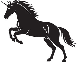 Obraz premium A majestic black unicorn rears up on its hind legs in a powerful stance.