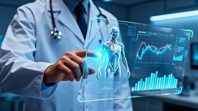 Doctor interacting with holographic medical display