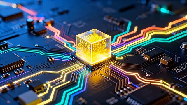 Circuit board with glowing cube