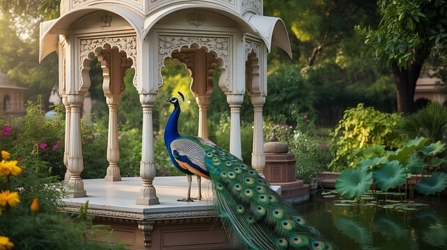 Illustration of a mughal garden with peacocks, parrots, plants, and trees, featuring a botanical landscape pattern. Mughal Garden. Illustration