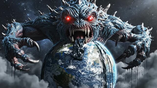 A monstrous creature with motion captures the Earth in its massive claws under a dark stormy night sky with clouds and stars.