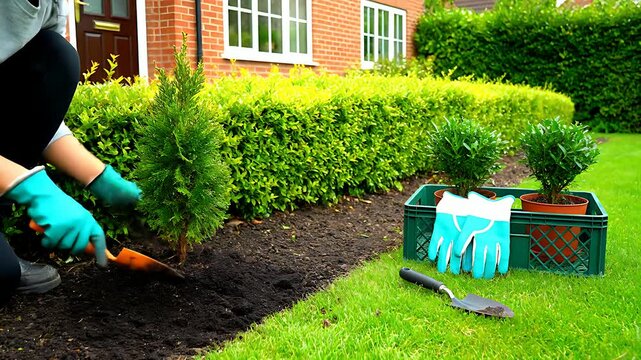 Woman planting a cypress tree in a garden bed with gloves. Gardener using a hand trowel near a lush hedge and house. Home landscaping concept, ideal for garden maintenance and DIY marketing.