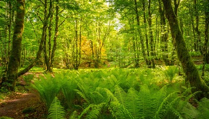 Fototapeta premium The natural backdrop of a lush, verdant forest with vibrant ferns looks refreshing in the summer sunlight.