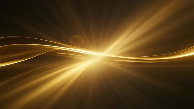 Golden light wave glows with intense highlights and sweeping motion, radiating energy and warm luminosity against a dark background for a powerful, dynamic, and luxurious abstract visual.